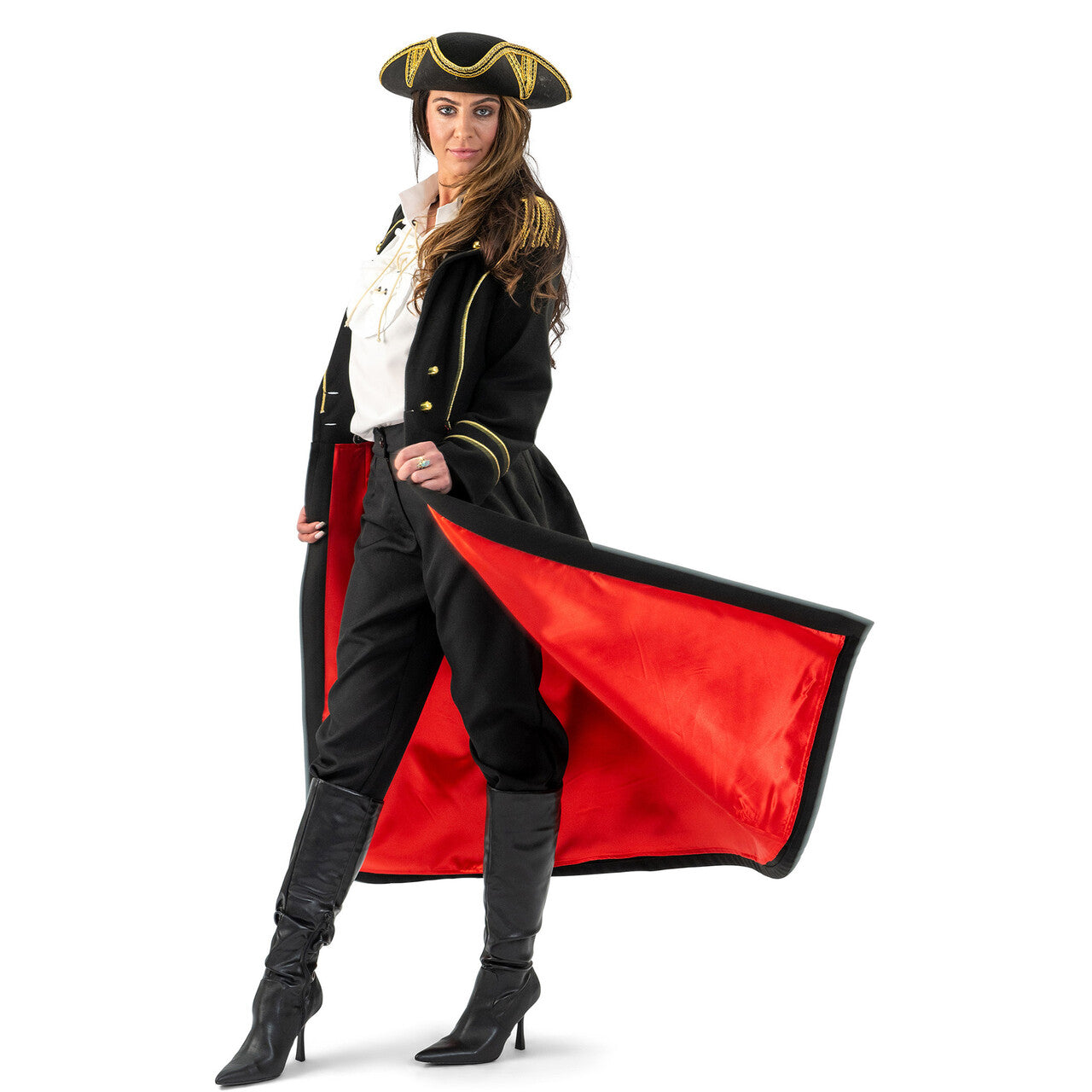 Op deze afbeelding zie je een Kostuums, van het merk Magic By Freddy's. Lange Piratenjas Kapitein Goldrush Vrouw Kostuum