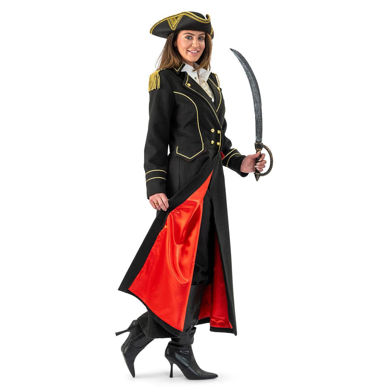 Op deze afbeelding zie je een Kostuums, van het merk Magic By Freddy's. Lange Piratenjas Kapitein Goldrush Vrouw Kostuum