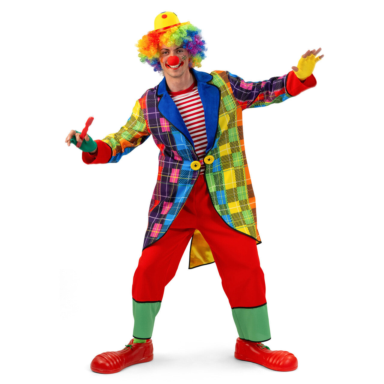 Op deze afbeelding zie je een Kostuums, van het merk Magic By Freddy's. Rainbow Clown Rik Man Kostuum