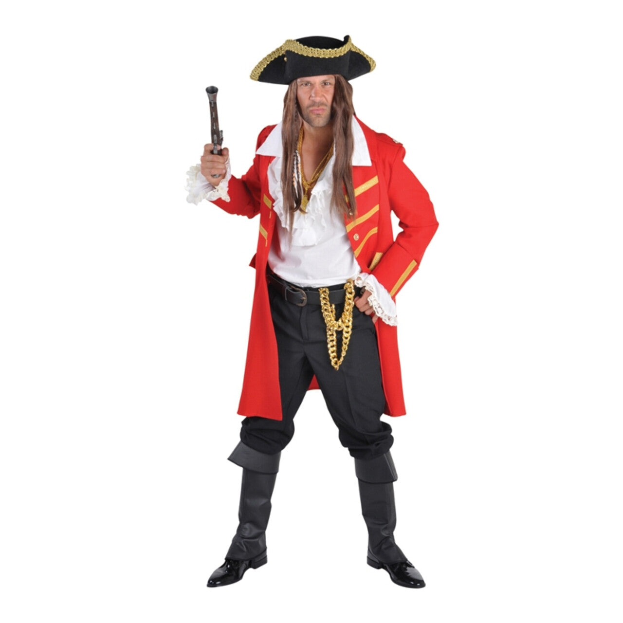Op deze afbeelding zie je een Kostuums, van het merk Magic By Freddy's. Lange Jas Zeerover Hoofdman Duinkerken Rood