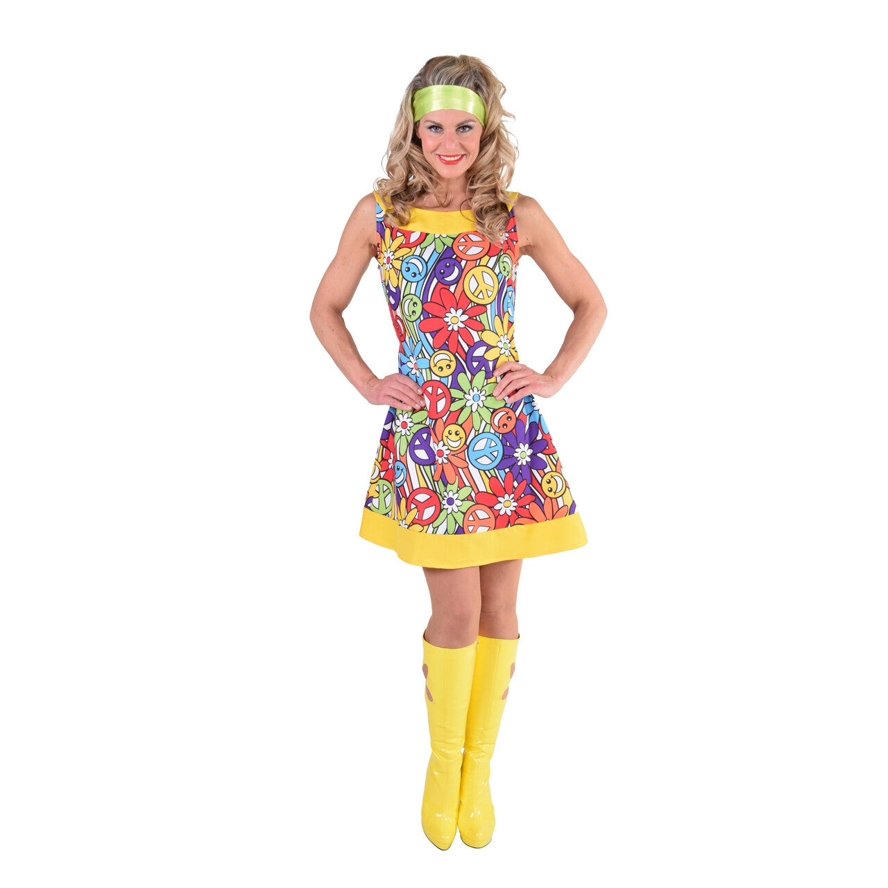 Op deze afbeelding zie je een Kostuums, van het merk Magic By Freddy's. Hippie Vol Smileys Vrouw Kostuum