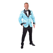 Op deze afbeelding zie je een Kostuums, van het merk Magic By Freddy's. Glitter Colbert Casino Royal Lichtblauw Man