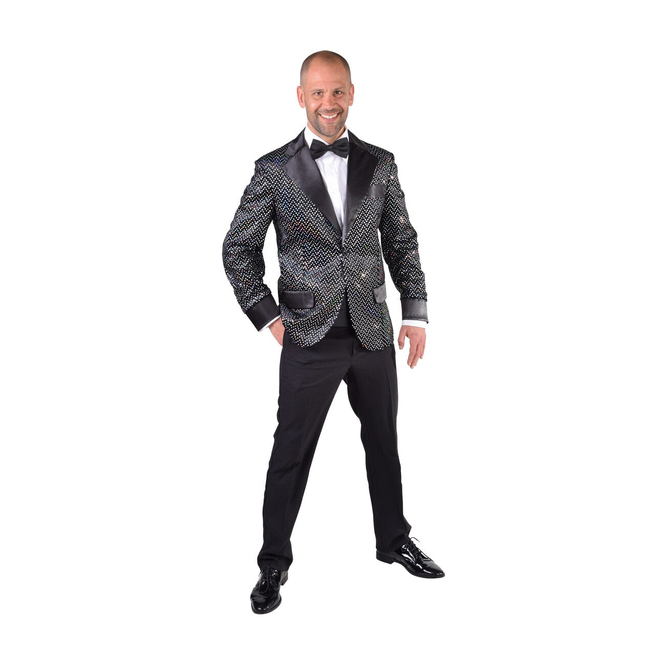 Op deze afbeelding zie je een Kostuums, van het merk Magic By Freddy's. Glitter Colbert Casino Royal Zwart Man