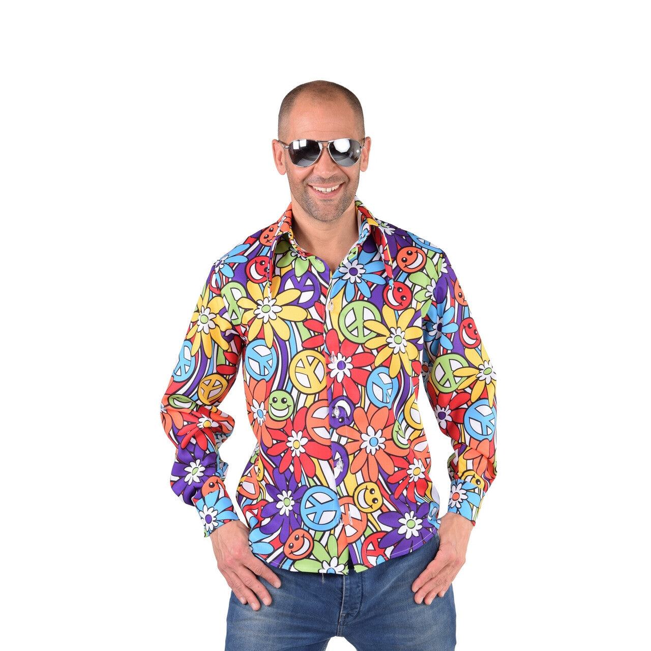 Op deze afbeelding zie je een Kostuums, van het merk Magic By Freddy's. Flower Power Lachebekjes Hippie Bloemen Hemd Man