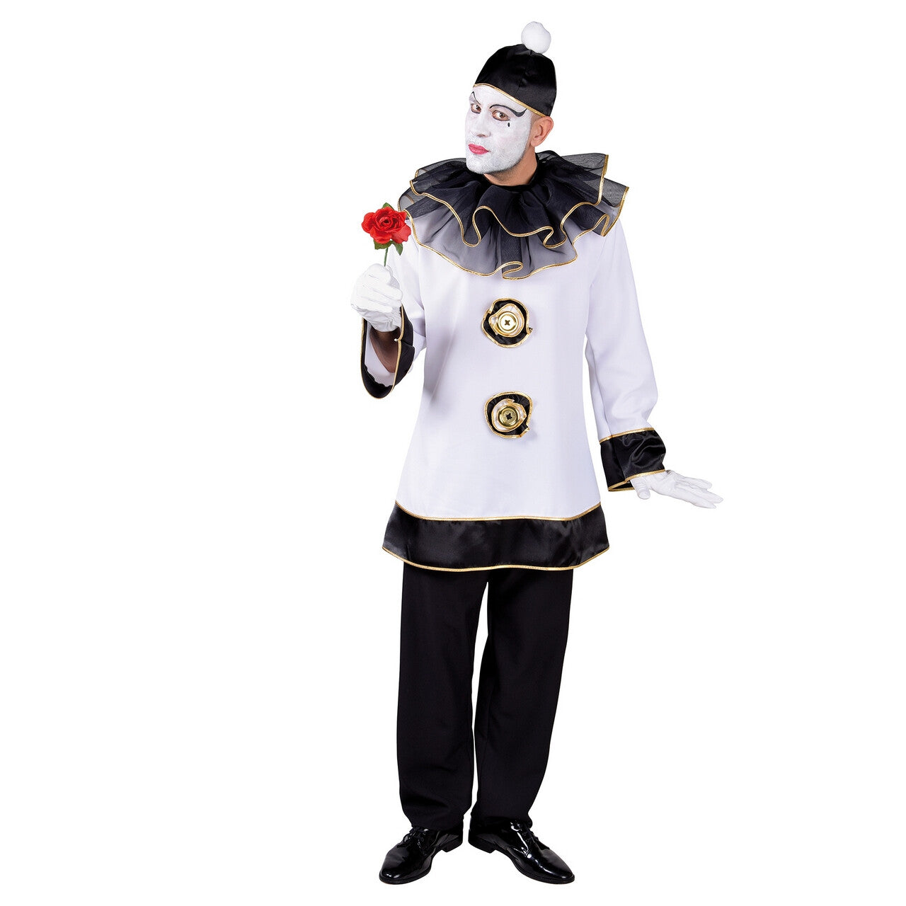 Op deze afbeelding zie je een Kostuums, van het merk Magic By Freddy's. Diep Trieste Pierrot Clown Man Kostuum