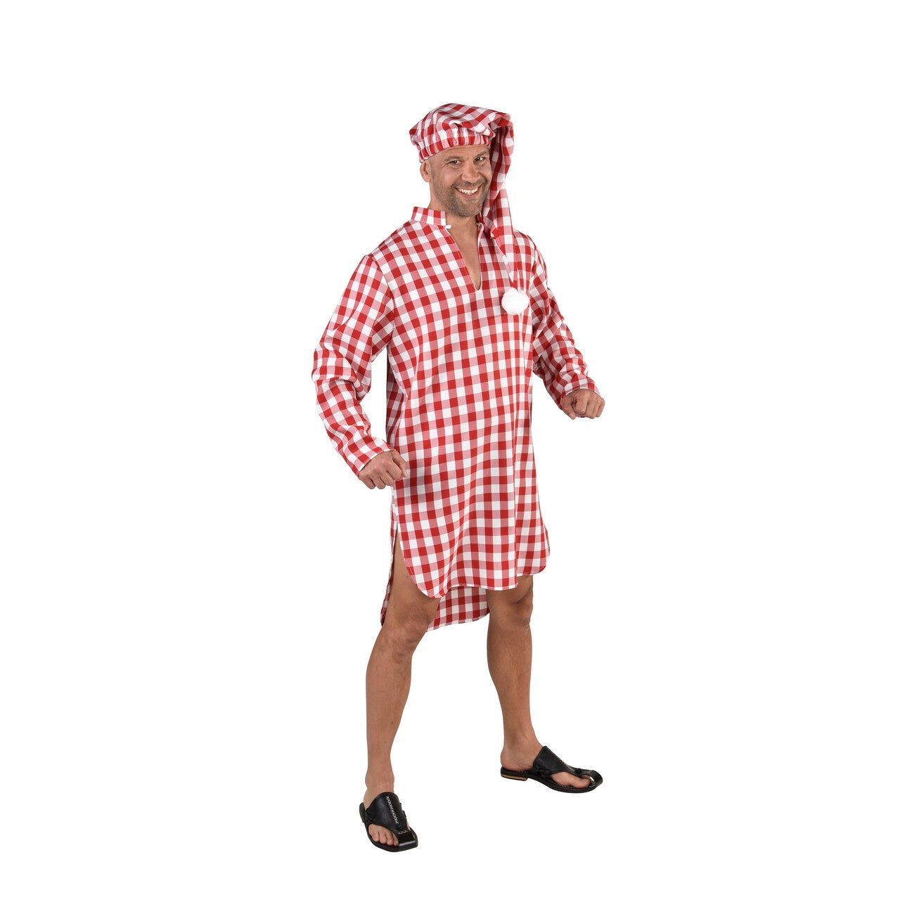 Op deze afbeelding zie je een Kostuums, van het merk Magic By Freddy's. Vader Jakob Nachthemd Met Slaapmuts Rood Wit Geblokt Man Kostuum