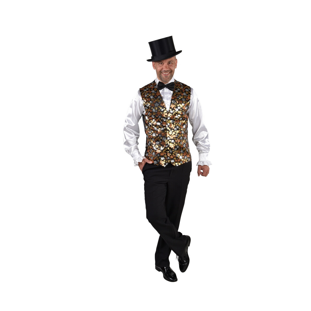 Op deze afbeelding zie je een Kostuums, van het merk Magic By Freddy's. Gilet Showmaster Sterren Pailletten Goud Man