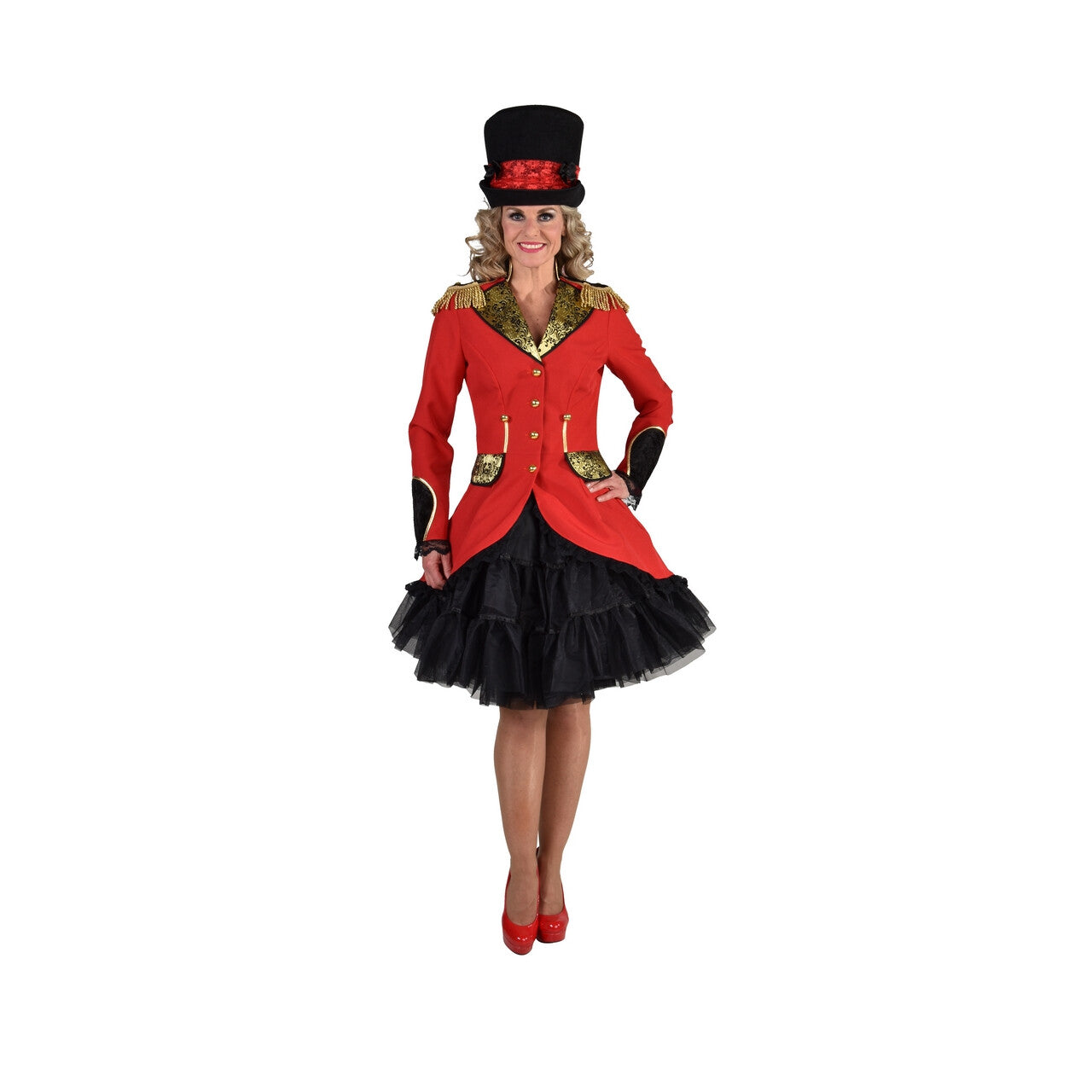 Op deze afbeelding zie je een Kostuums, van het merk Magic By Freddy's. Jas Circusdirecteur Goud Brokaat Vrouw