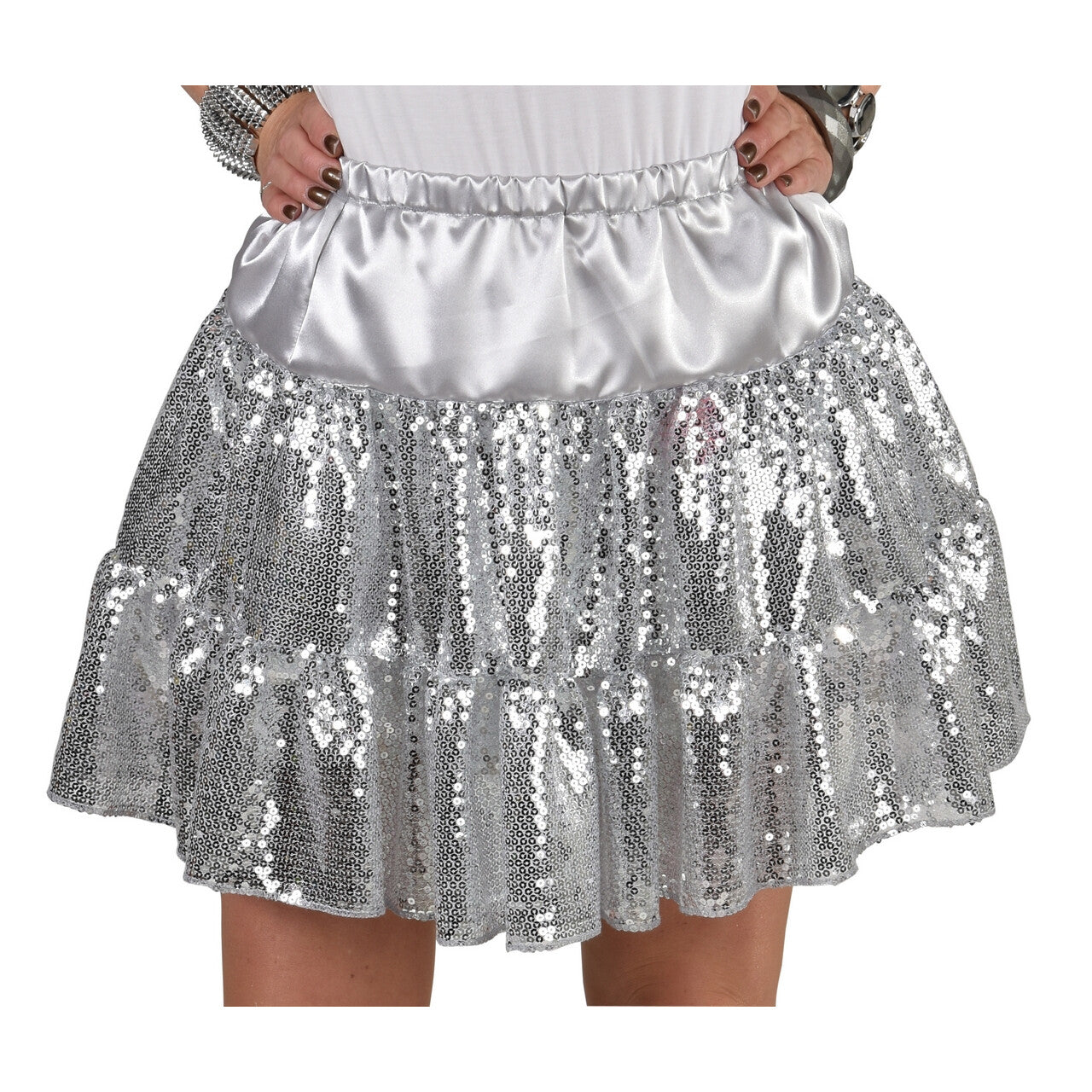 Op deze afbeelding zie je een Kostuums, van het merk Magic By Freddy's. Disco Rok Zilveren Pailletten Vrouw