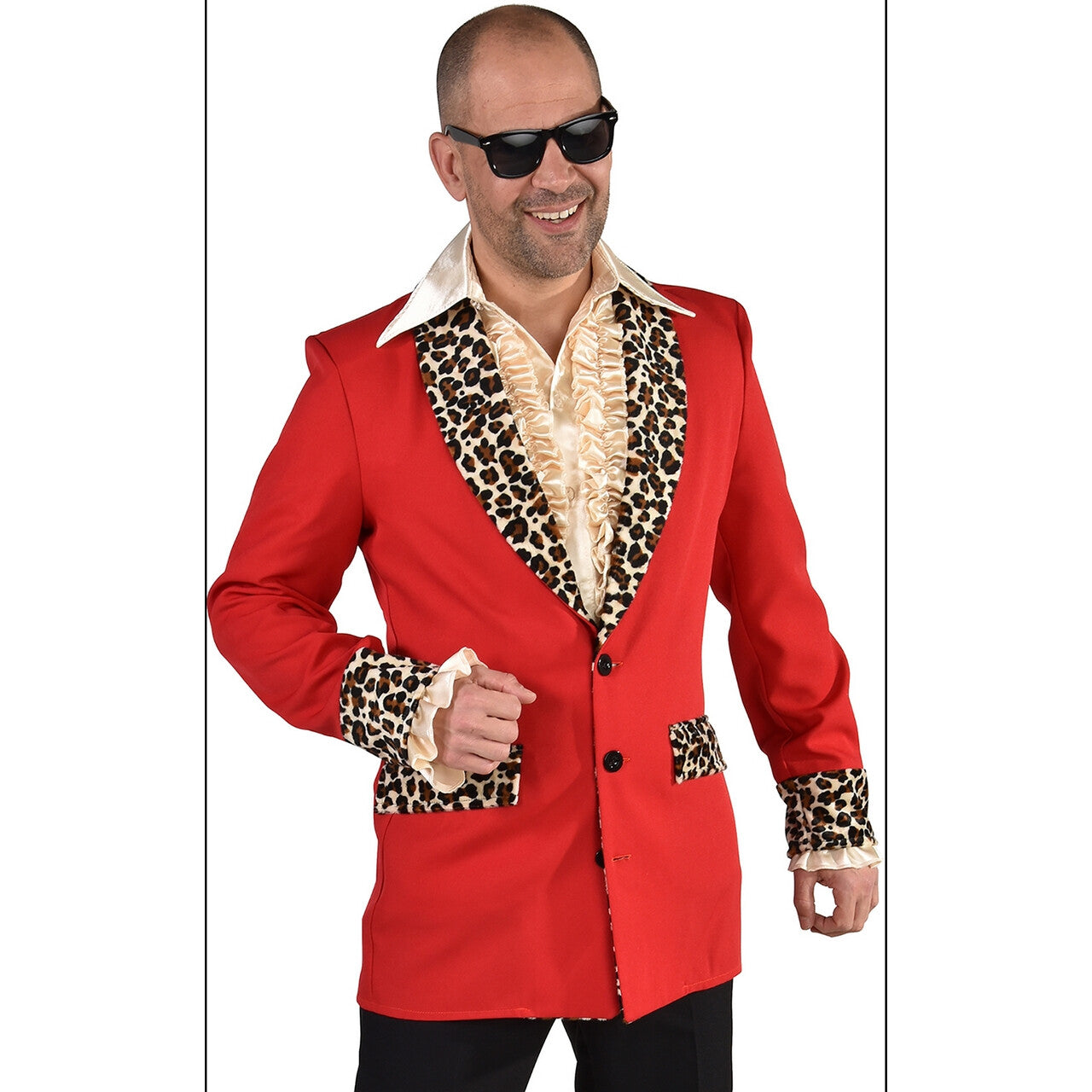 Op deze afbeelding zie je een Kostuums, van het merk Magic By Freddy's. Rood Foute Pooier Rosse Buurt Colbert Met Luipaard Details Man