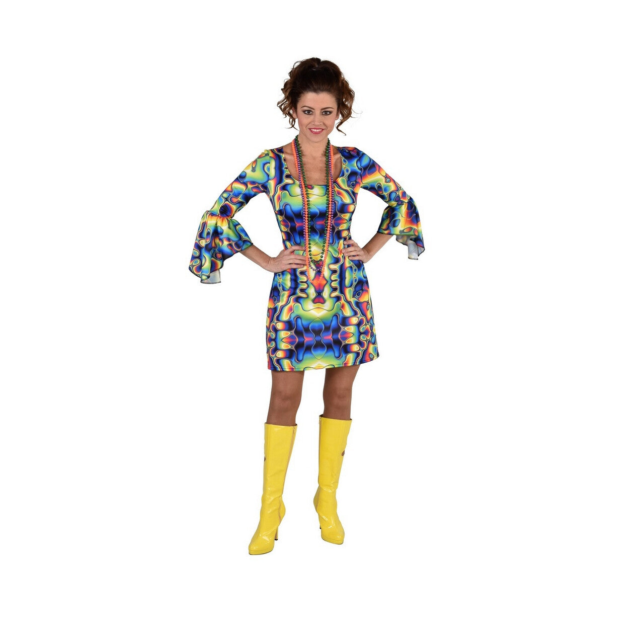 Op deze afbeelding zie je een Kostuums, van het merk Magic By Freddy's. Duizelingwekkende Olie Spots Hippie 70s Jurk Vrouw