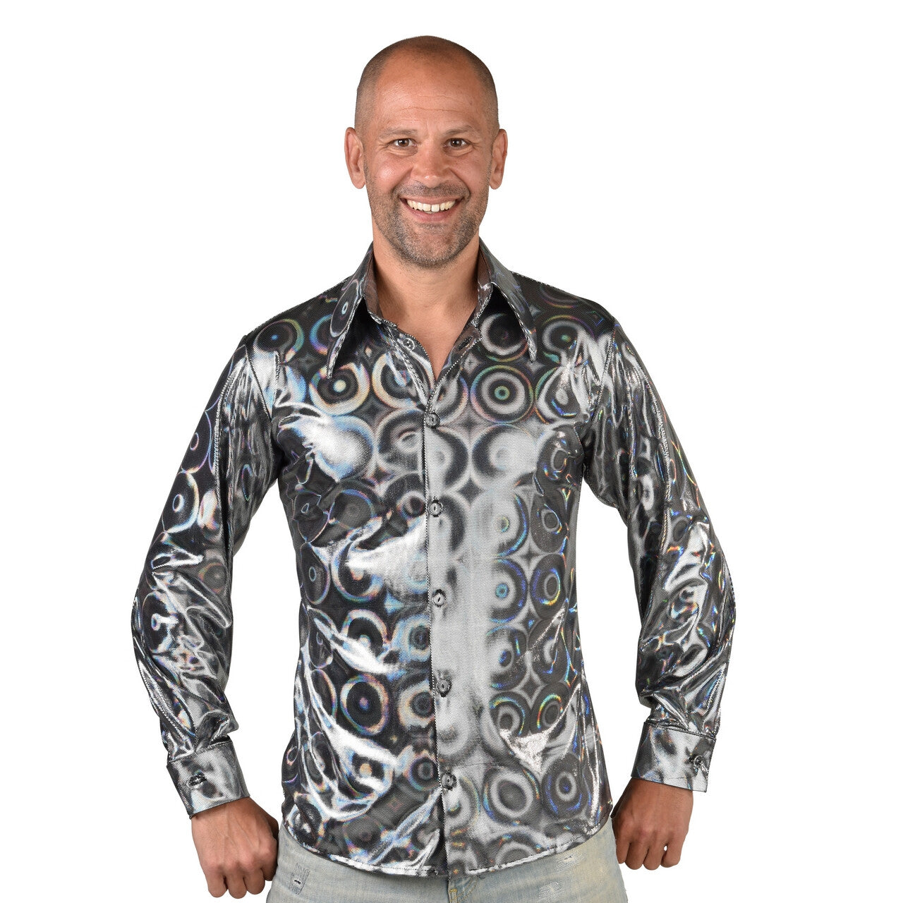 Op deze afbeelding zie je een Kostuums, van het merk Magic By Freddy's. Zilveren Disco Plaatjes Draaier Dj Blouse Man