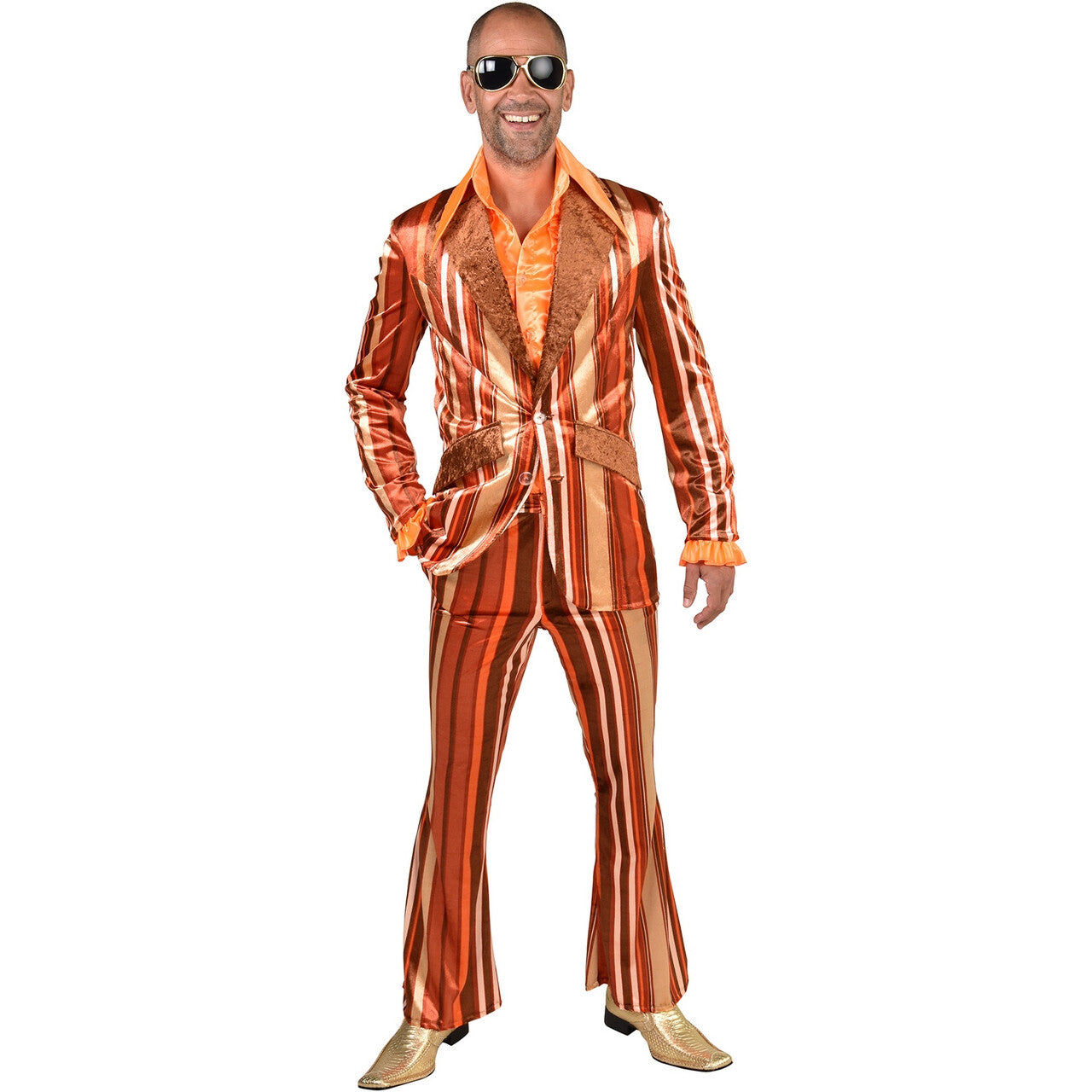 Op deze afbeelding zie je een Kostuums, van het merk Magic By Freddy's. Mister Stripefine Jaren 70 Oranje Man Kostuum