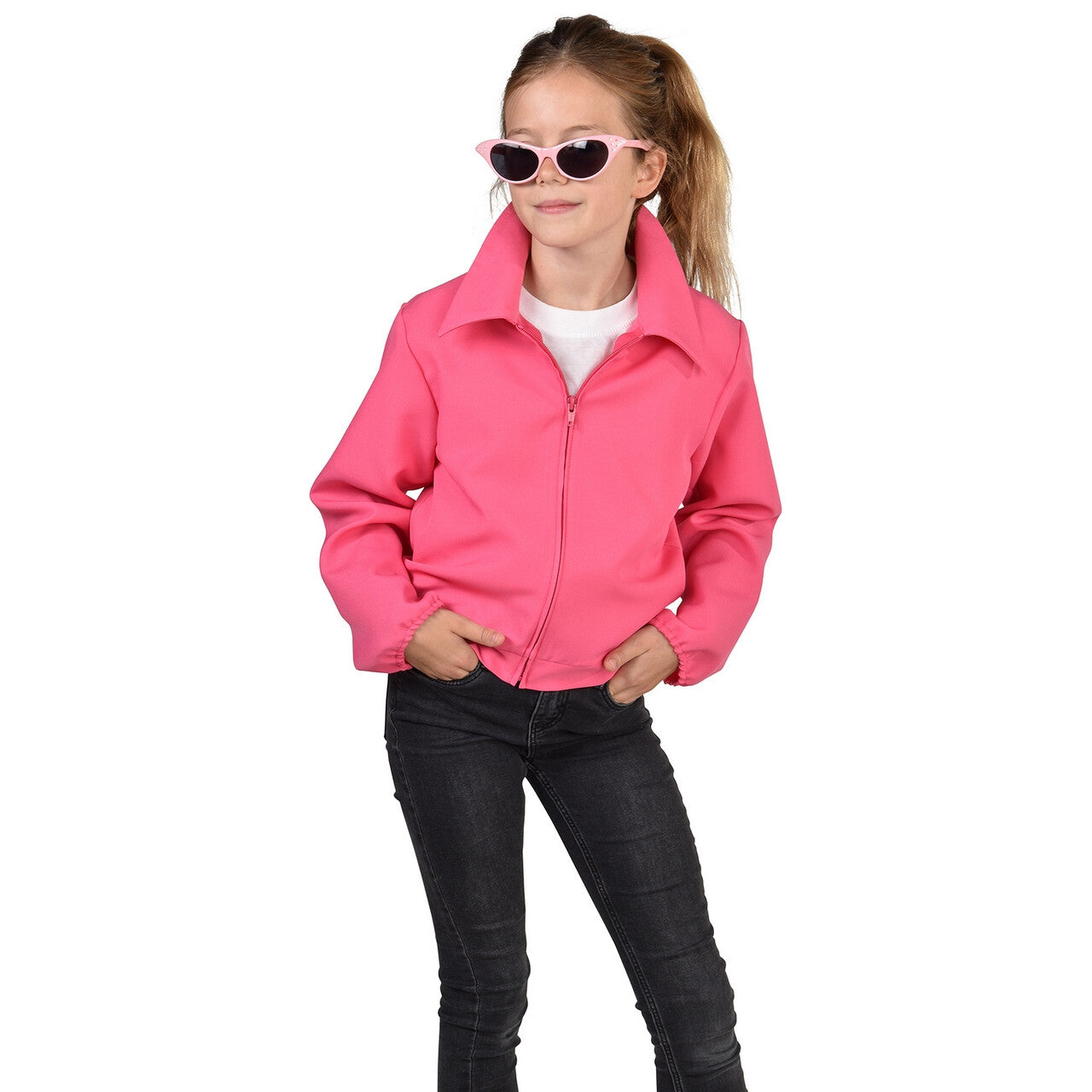 Op deze afbeelding zie je een Kostuums, van het merk Magic By Freddy's. Felle Pink Ladies Grease Jas Donkerroze Meisje