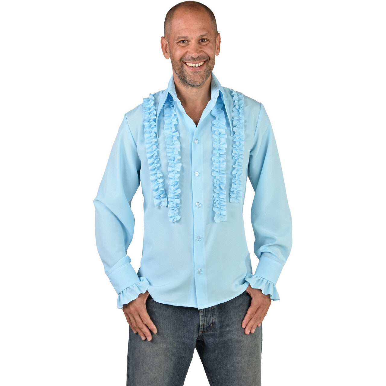 Op deze afbeelding zie je een Kostuums, van het merk Magic By Freddy's. Rouches Overhemd Baby Blauw Man