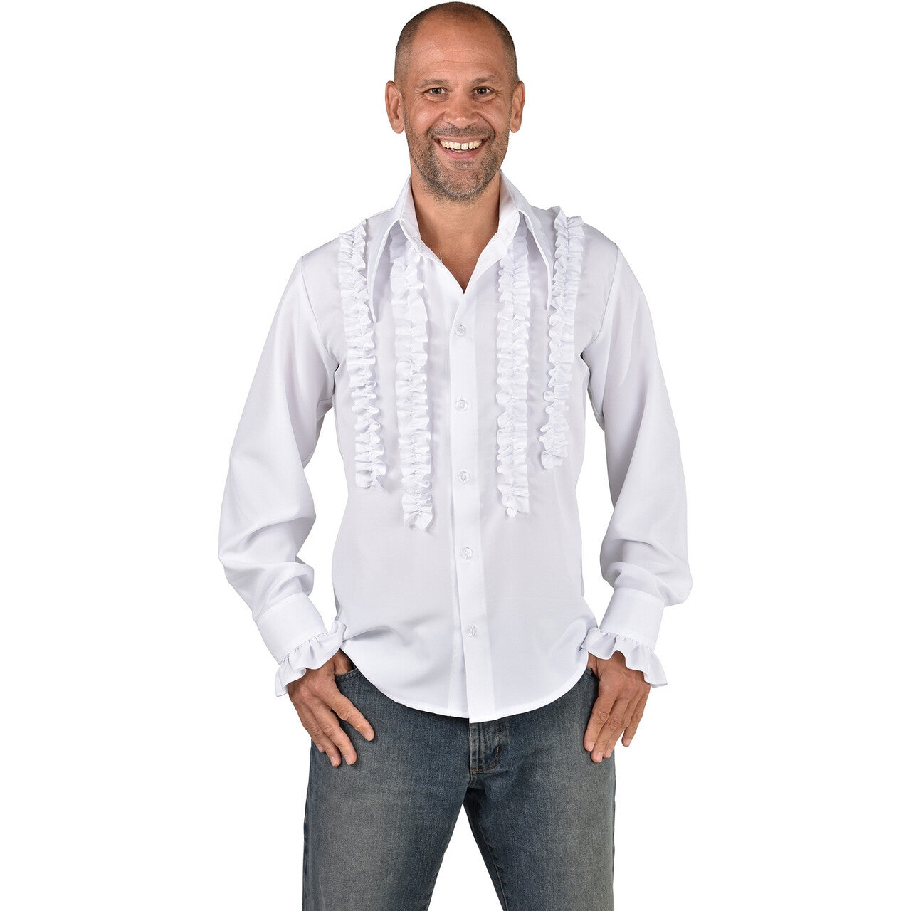 Op deze afbeelding zie je een Kostuums, van het merk Magic By Freddy's. Rouches Overhemd Wit Disco Piraat Man