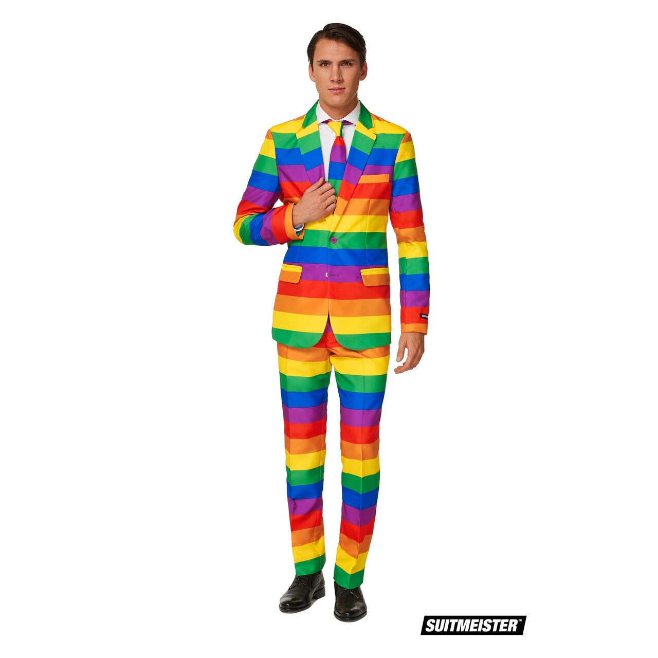 Op deze afbeelding zie je een Kostuums, van het merk Suitmeister. Uitgesproken Kleurrijk Regenboog Man Kostuum