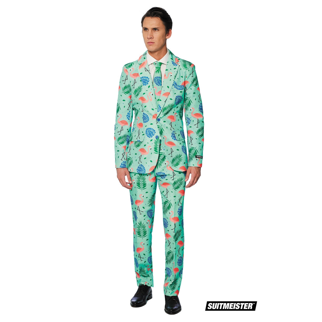 Op deze afbeelding zie je een Kostuums, van het merk Suitmeister. Tropische Varens En Flamingos Man Kostuum