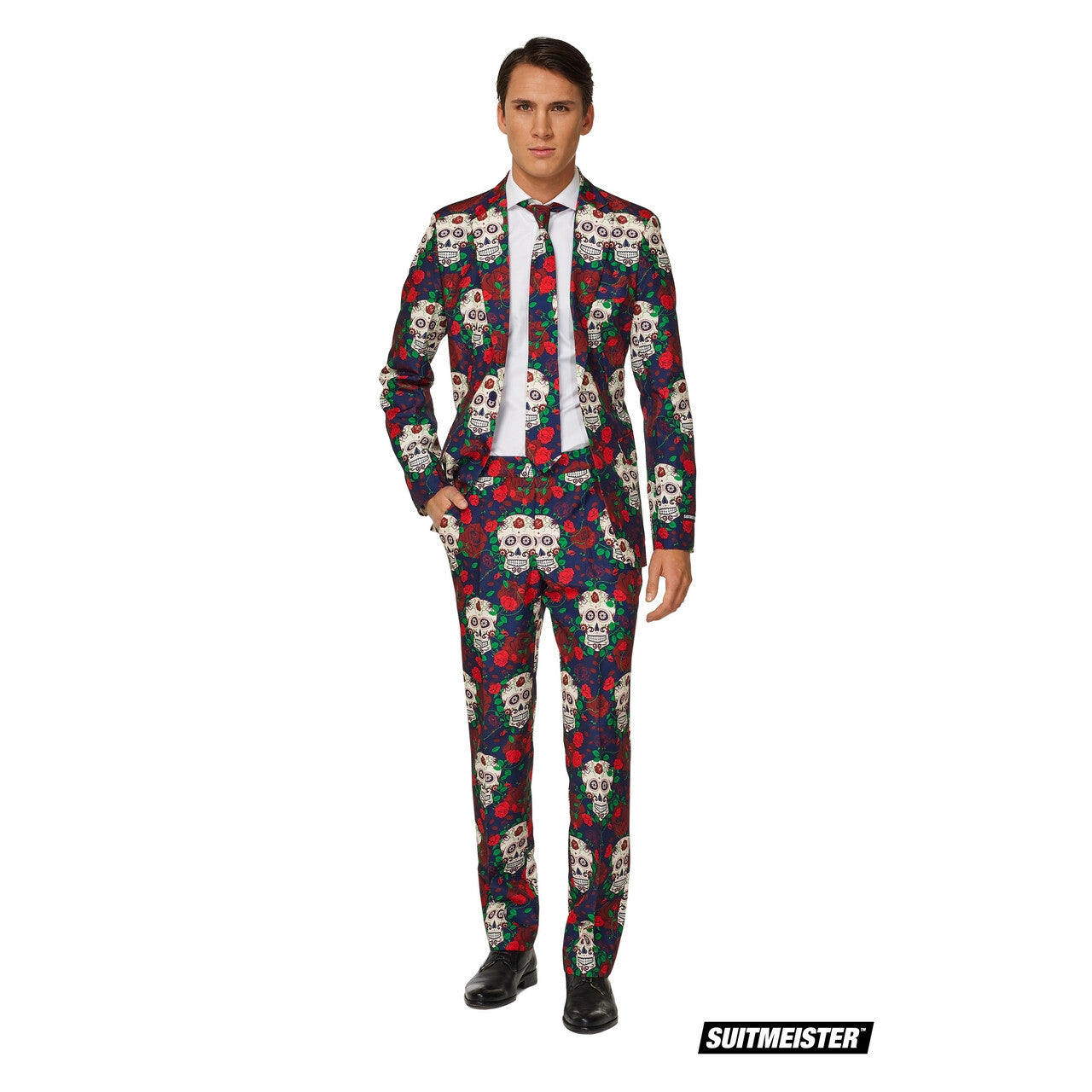 Op deze afbeelding zie je een Kostuums, van het merk Suitmeister. Day Of The Dead Schedels En Rozen Man Kostuum