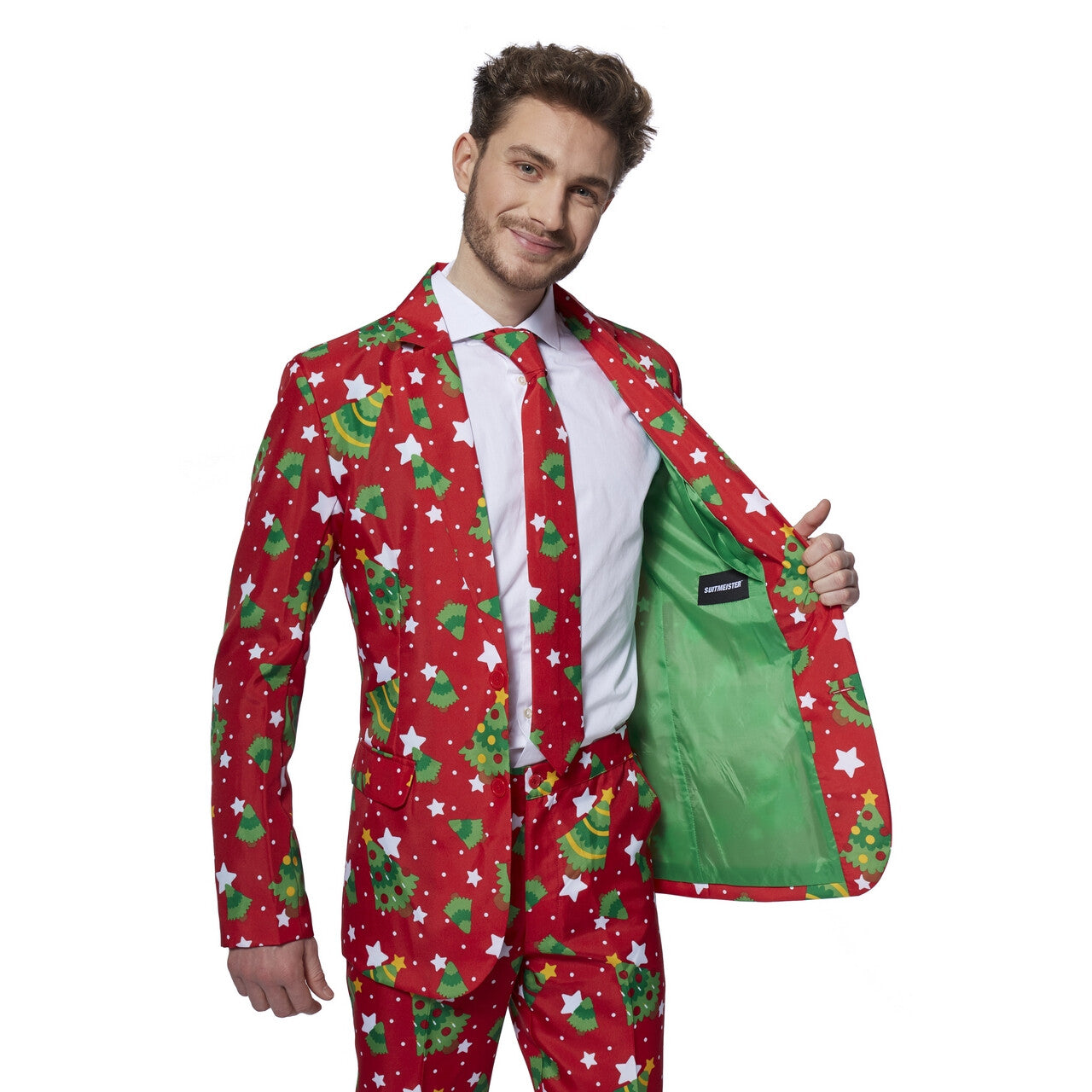 Op deze afbeelding zie je een Kostuums, van het merk Suitmeister. Christmas Trees Stars Rood Man Kostuum