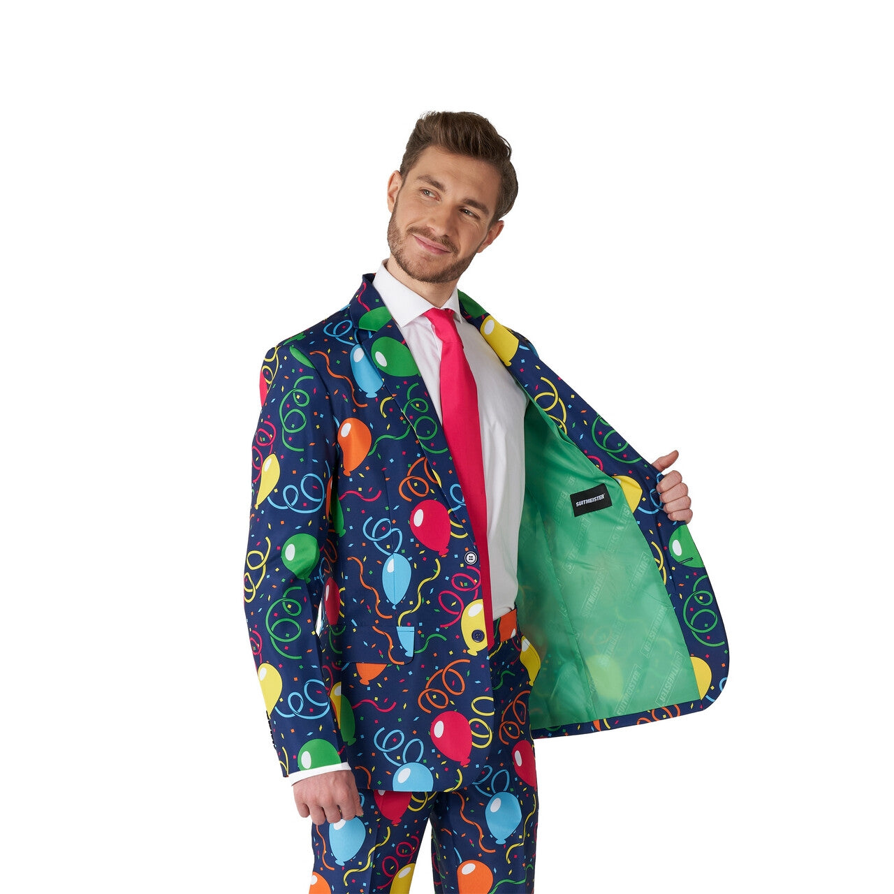 Op deze afbeelding zie je een Kostuums, van het merk Suitmeister. Confetti Balloons Navy Party Hard Man Kostuum