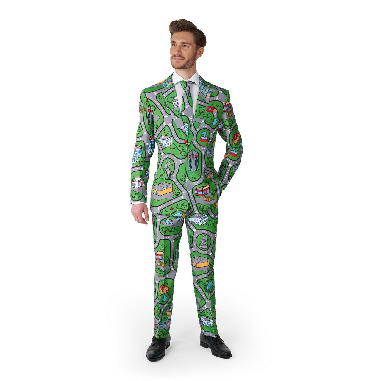 Op deze afbeelding zie je een Kostuums, van het merk Suitmeister. Carpet City Green Broom Broom Man Kostuum