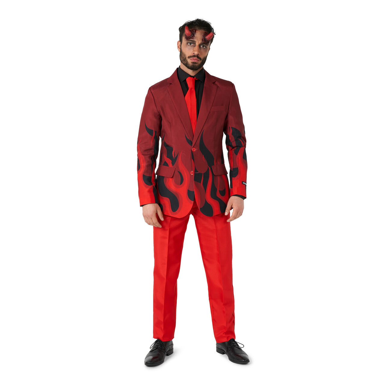 Op deze afbeelding zie je een Kostuums, van het merk Suitmeister. Flaming Red Devil Man Kostuum