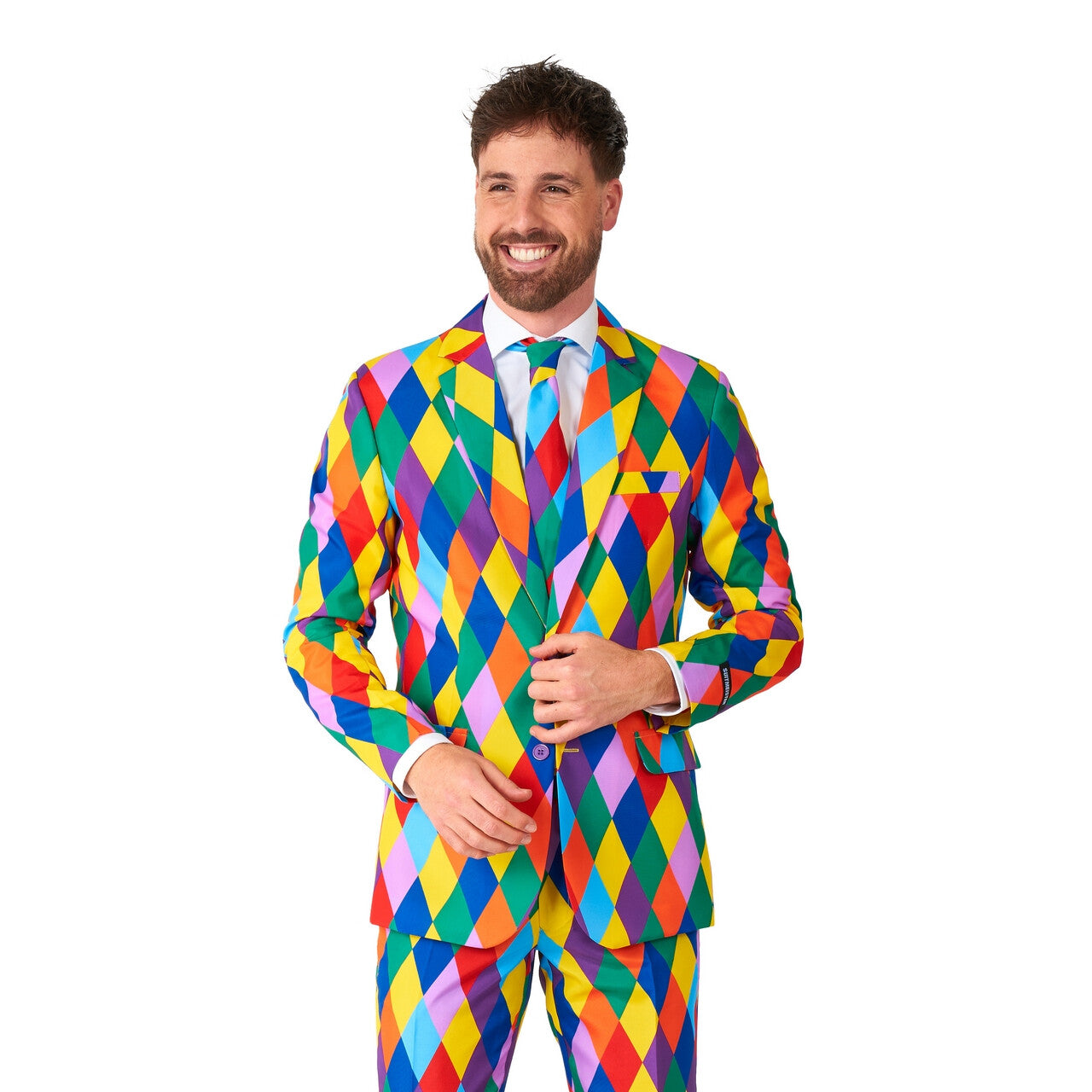 Op deze afbeelding zie je een Kostuums, van het merk Suitmeister. Happy Harley Clown Man Kostuum