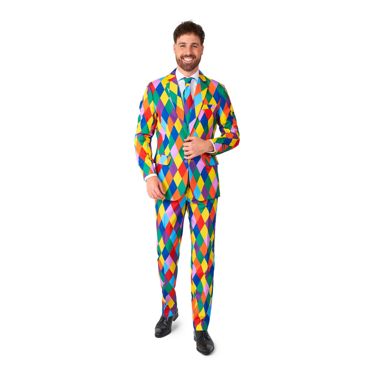 Op deze afbeelding zie je een Kostuums, van het merk Suitmeister. Happy Harley Clown Man Kostuum