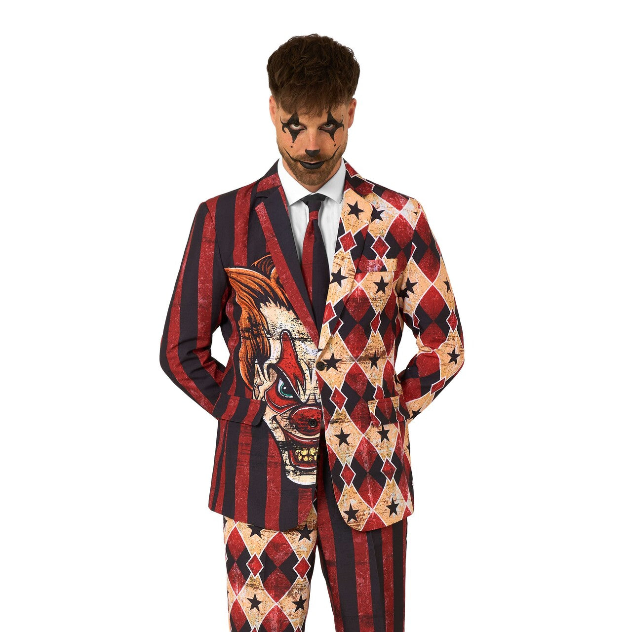 Op deze afbeelding zie je een Kostuums, van het merk Opposuits. Scary Clown Red Man Kostuum