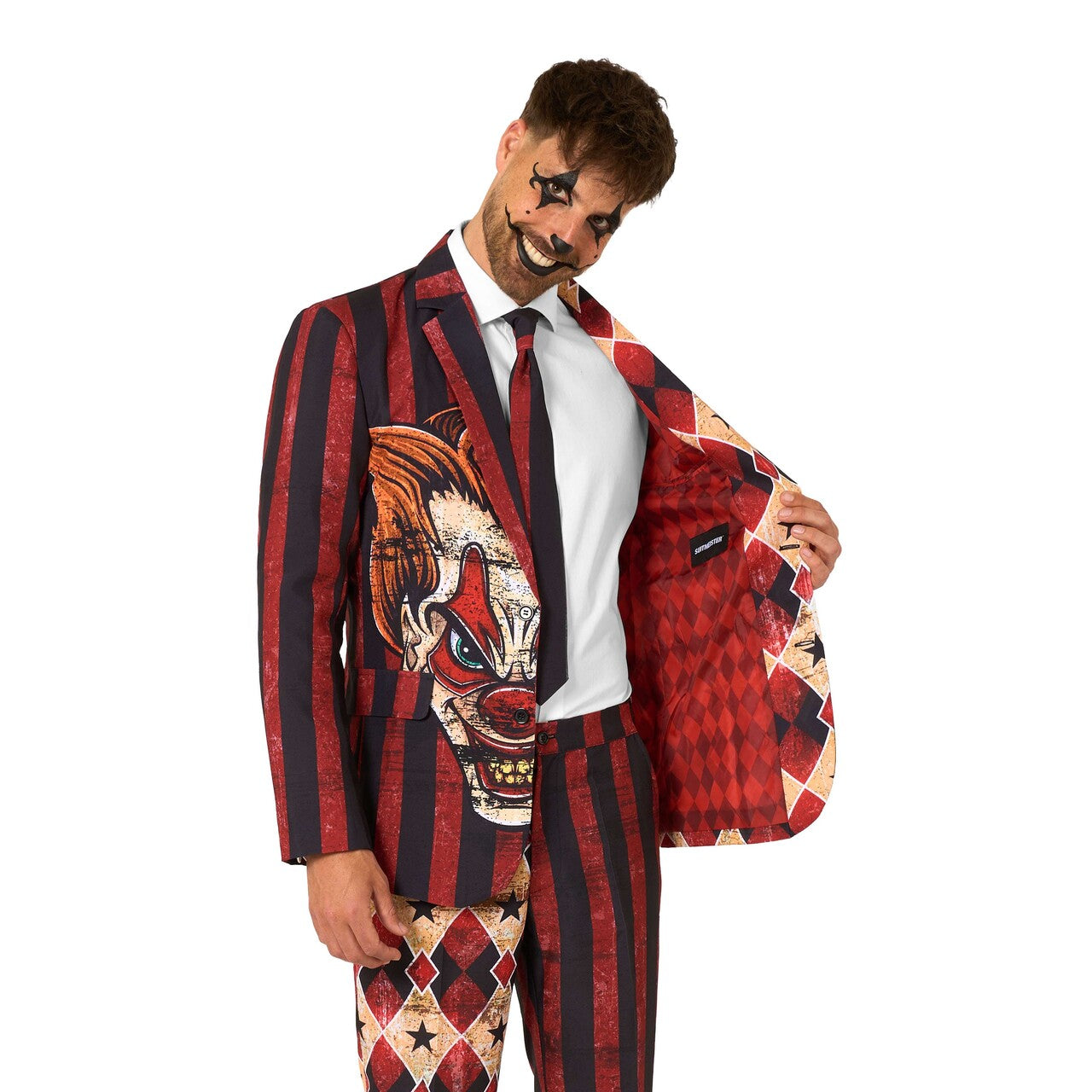 Op deze afbeelding zie je een Kostuums, van het merk Opposuits. Scary Clown Red Man Kostuum