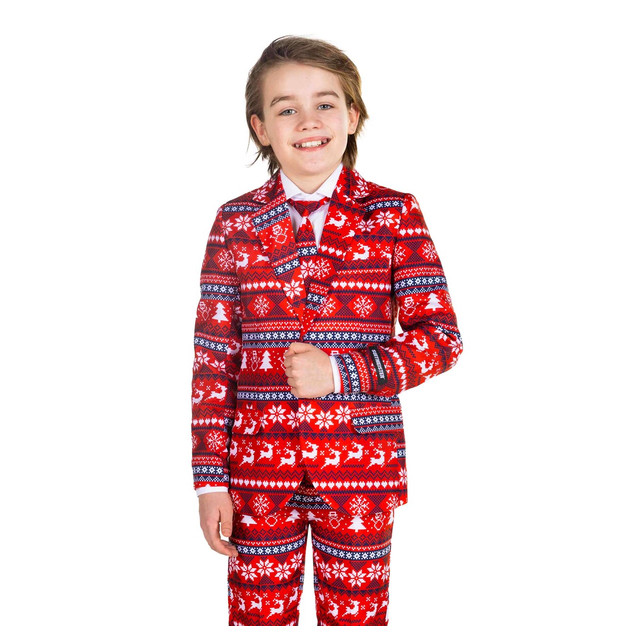 Op deze afbeelding zie je een Kostuums, van het merk Suitmeister. Boys Nordic Pixel Red Jongen Kostuum