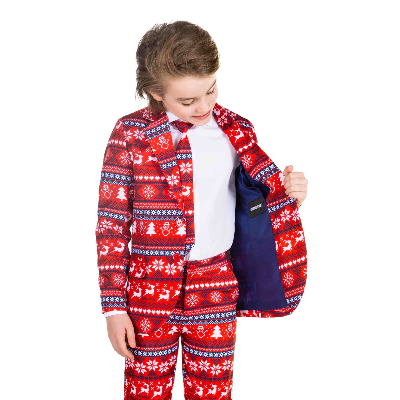Op deze afbeelding zie je een Kostuums, van het merk Suitmeister. Boys Nordic Pixel Red Jongen Kostuum