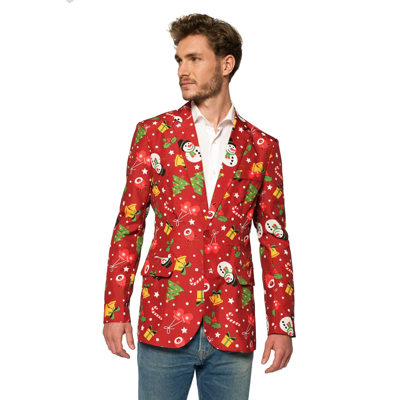 Op deze afbeelding zie je een Kostuums, van het merk Suitmeister. Christmas Red Icons Colbert Light Up Man