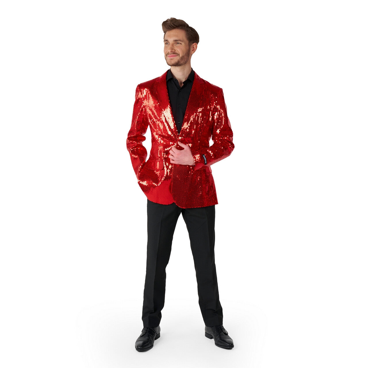 Op deze afbeelding zie je een Kostuums, van het merk Suitmeister. Quizmaster Sequins Red Pailletten Man