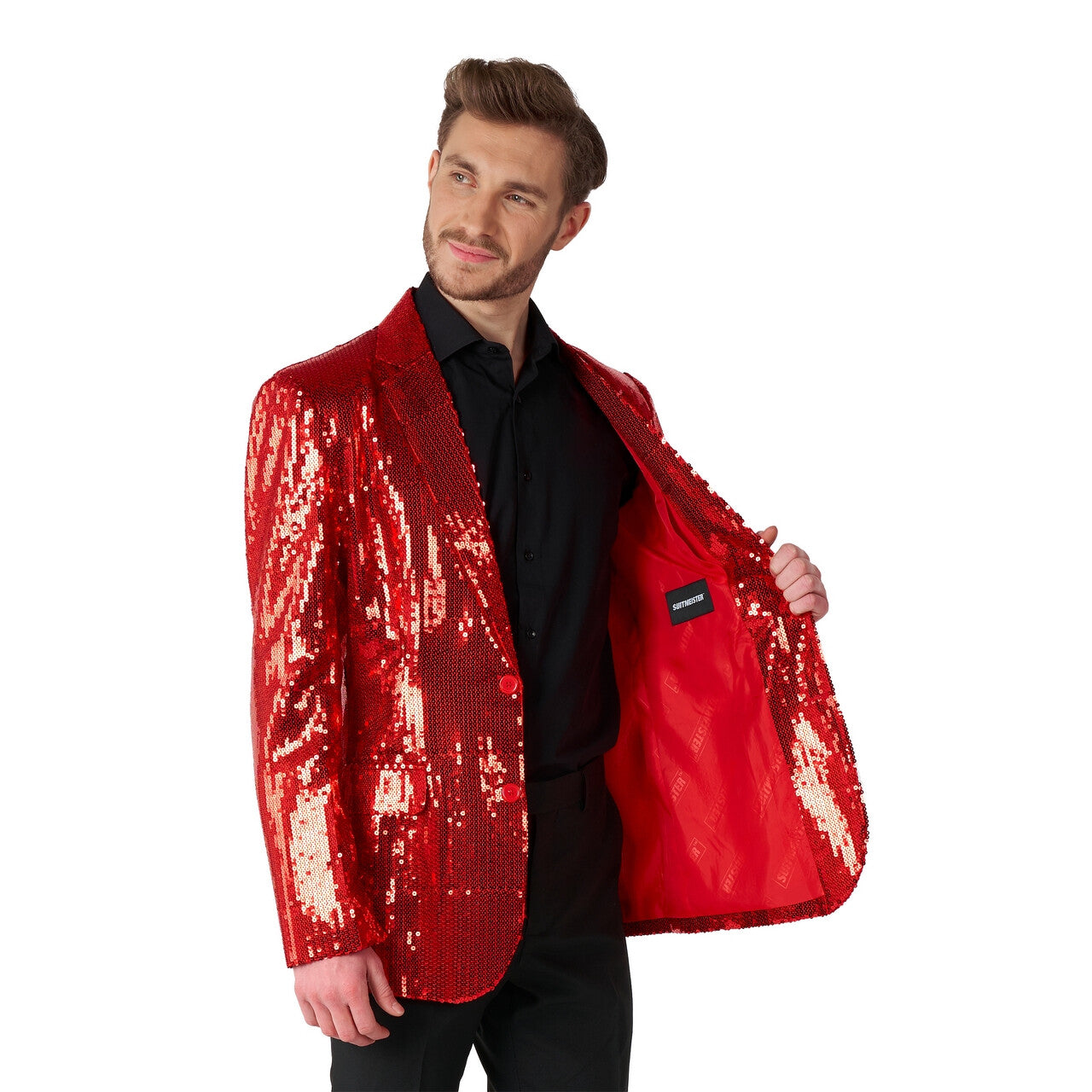 Op deze afbeelding zie je een Kostuums, van het merk Suitmeister. Quizmaster Sequins Red Pailletten Man