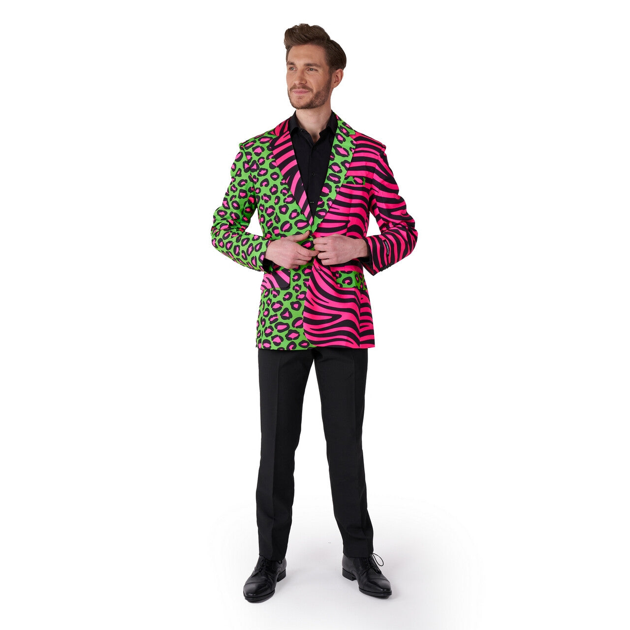 Op deze afbeelding zie je een Kostuums, van het merk Suitmeister. Wild Party Animal Neon Groen Roze Man