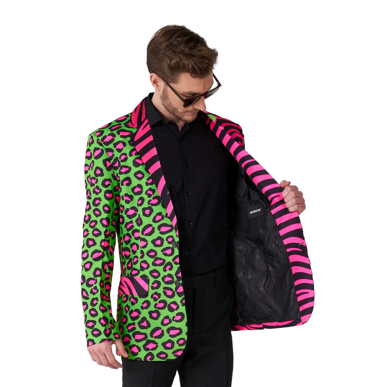 Op deze afbeelding zie je een Kostuums, van het merk Suitmeister. Wild Party Animal Neon Groen Roze Man