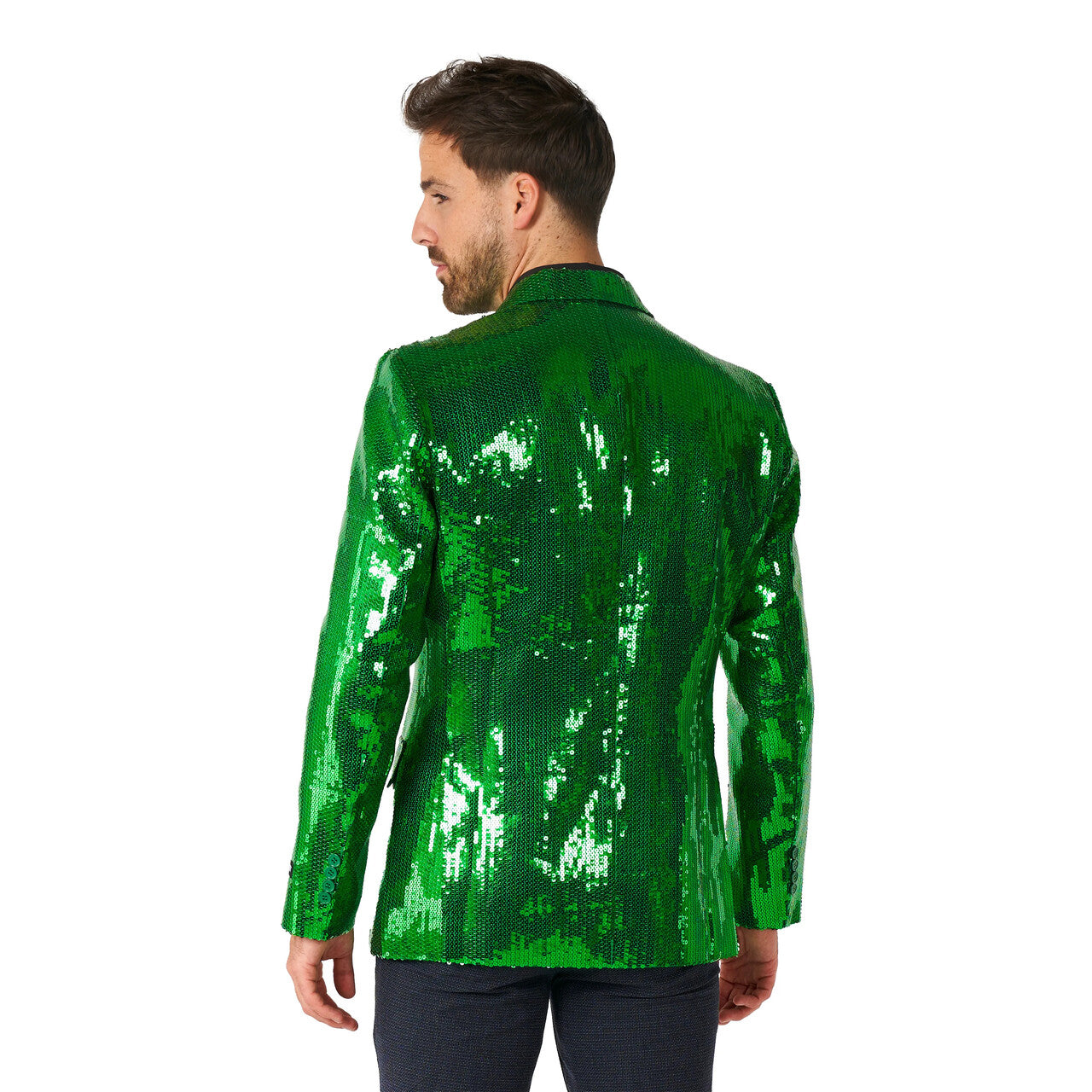 Op deze afbeelding zie je een Kostuums, van het merk Suitmeister. Groene Pailletten Showmaster Jas Man
