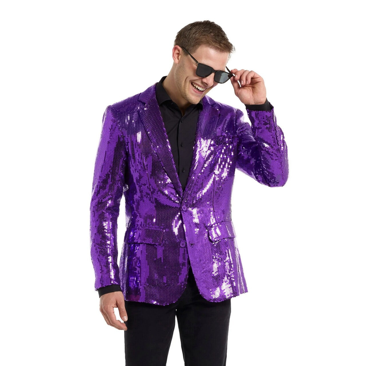 Op deze afbeelding zie je een Kostuums, van het merk Opposuits. Sequins Purple Blazer Man Kostuum