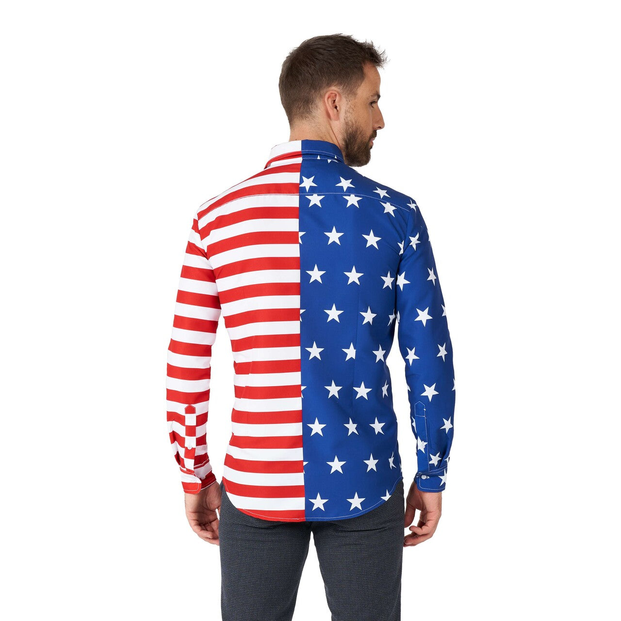 Op deze afbeelding zie je een Kostuums, van het merk Suitmeister. USA Flag Man Kostuum