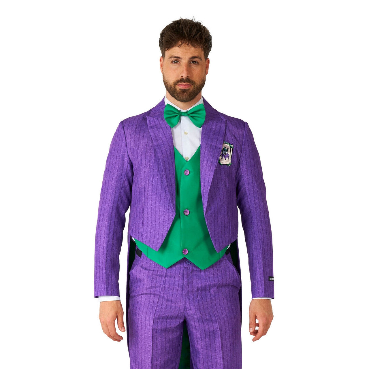 Op deze afbeelding zie je een Kostuums, van het merk Suitmeister. Paarse Funny Joker Man Kostuum