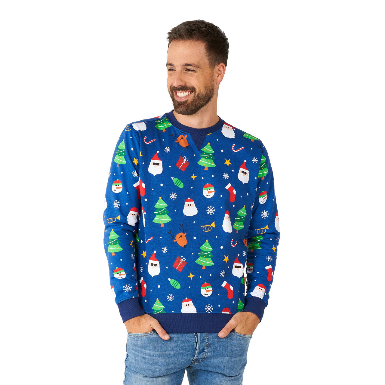 Op deze afbeelding zie je een Kostuums, van het merk Opposuits. Blauwe Enorme Foute Kersttrui Man