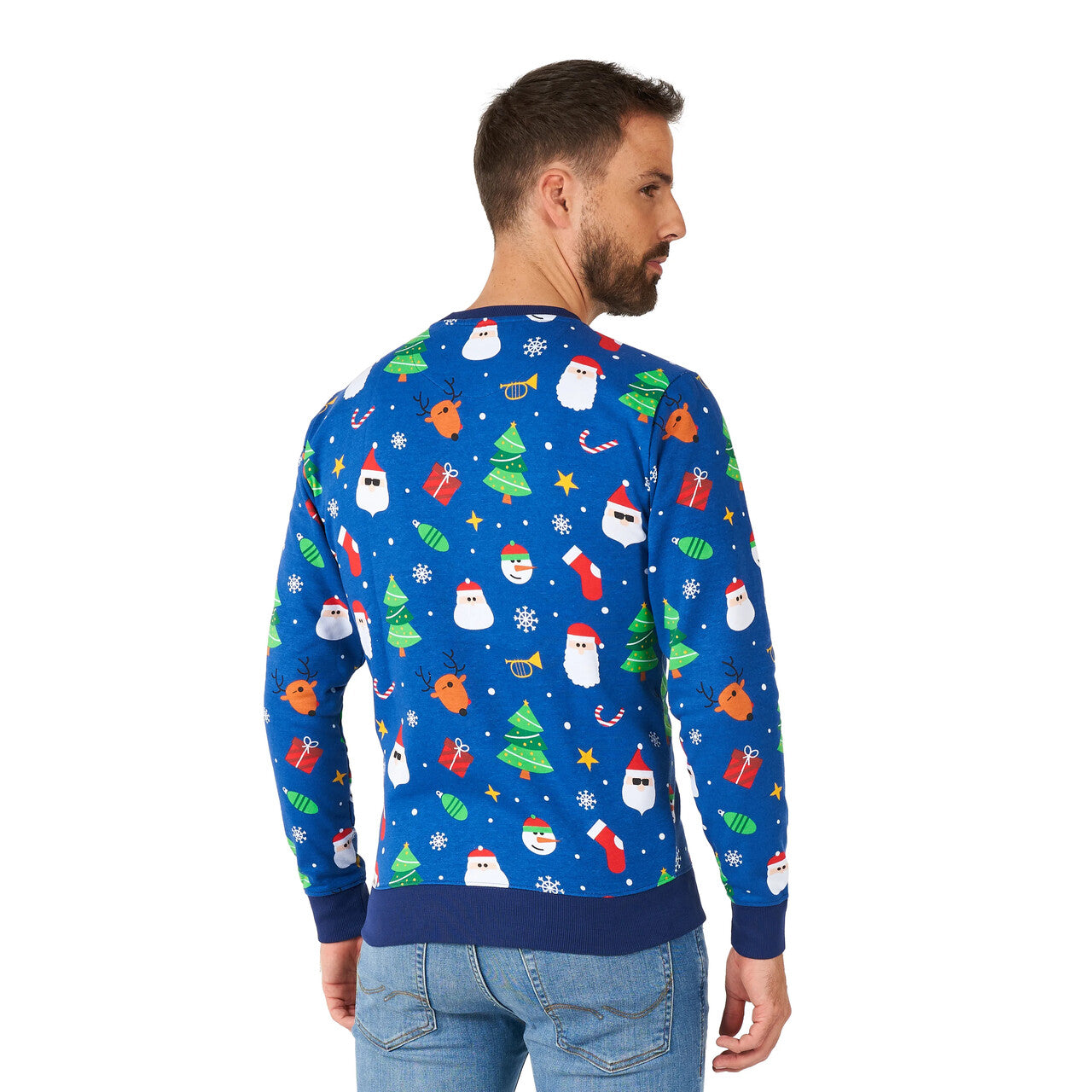 Op deze afbeelding zie je een Kostuums, van het merk Opposuits. Blauwe Enorme Foute Kersttrui Man