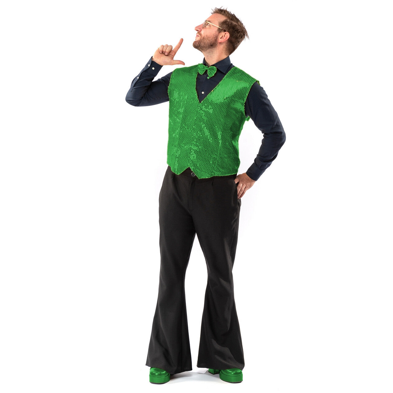 Op deze afbeelding zie je een Kostuums, van het merk Original Replicas. Paillettenvest Met Strik Festive Green Man