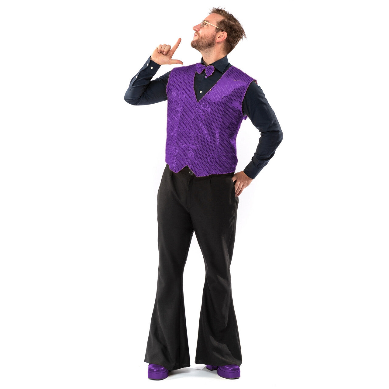 Op deze afbeelding zie je een Kostuums, van het merk Original Replicas. Paillettenvest Met Strik Purple Star Man