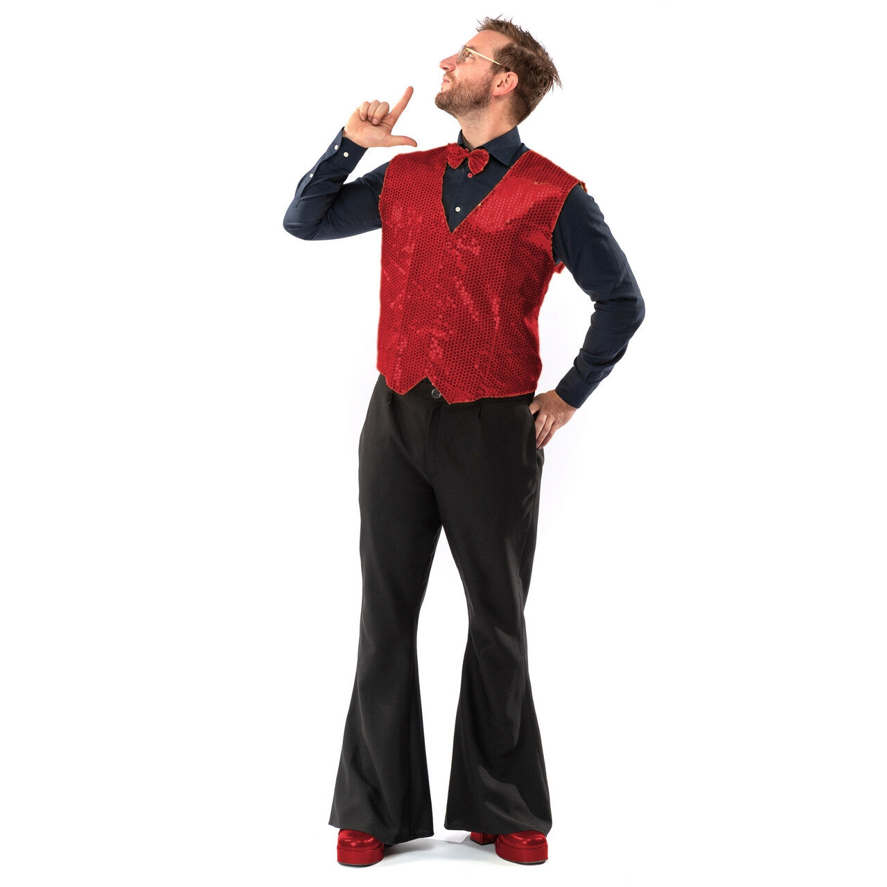 Op deze afbeelding zie je een Kostuums, van het merk Original Replicas. Paillettenvest Met Strik Elegant Red Man