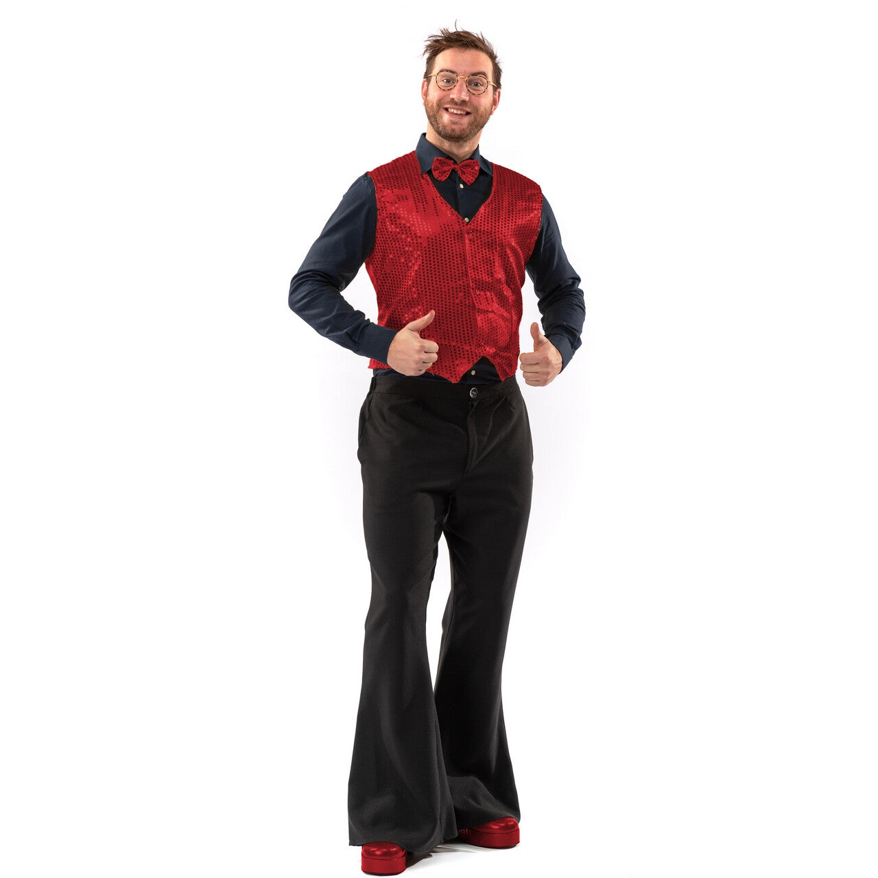 Op deze afbeelding zie je een Kostuums, van het merk Original Replicas. Paillettenvest Met Strik Elegant Red Man