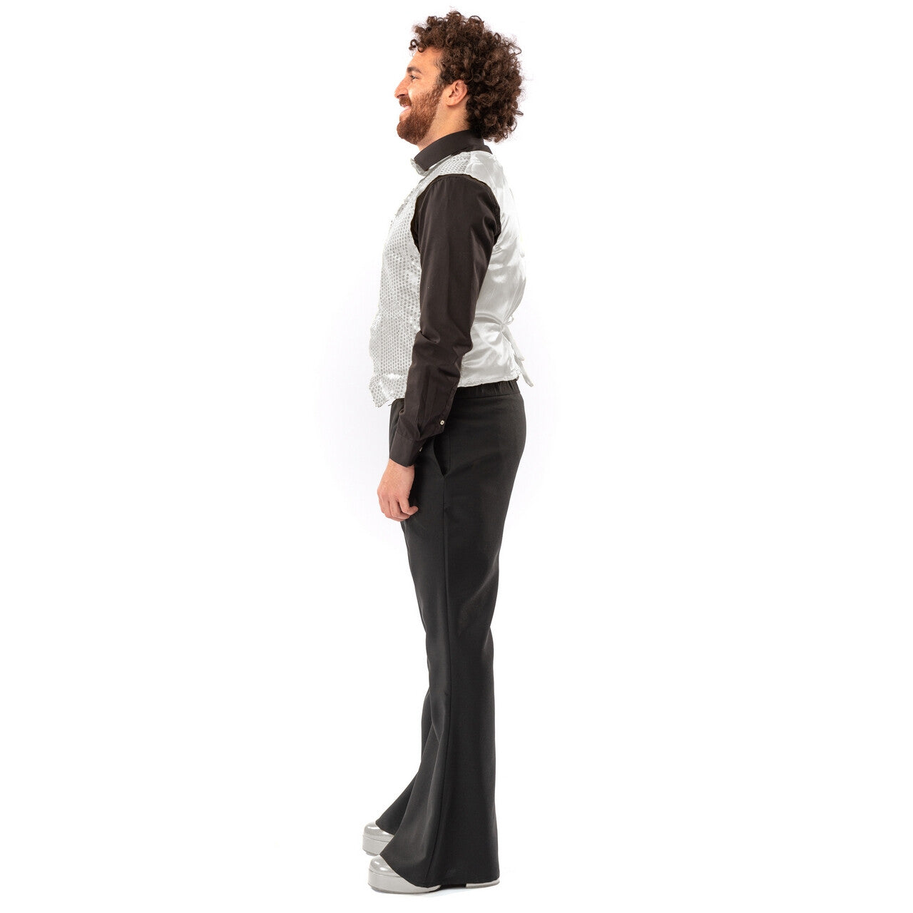 Op deze afbeelding zie je een Kostuums, van het merk Original Replicas. Paillettenvest Met Strik Shiny Silver Man