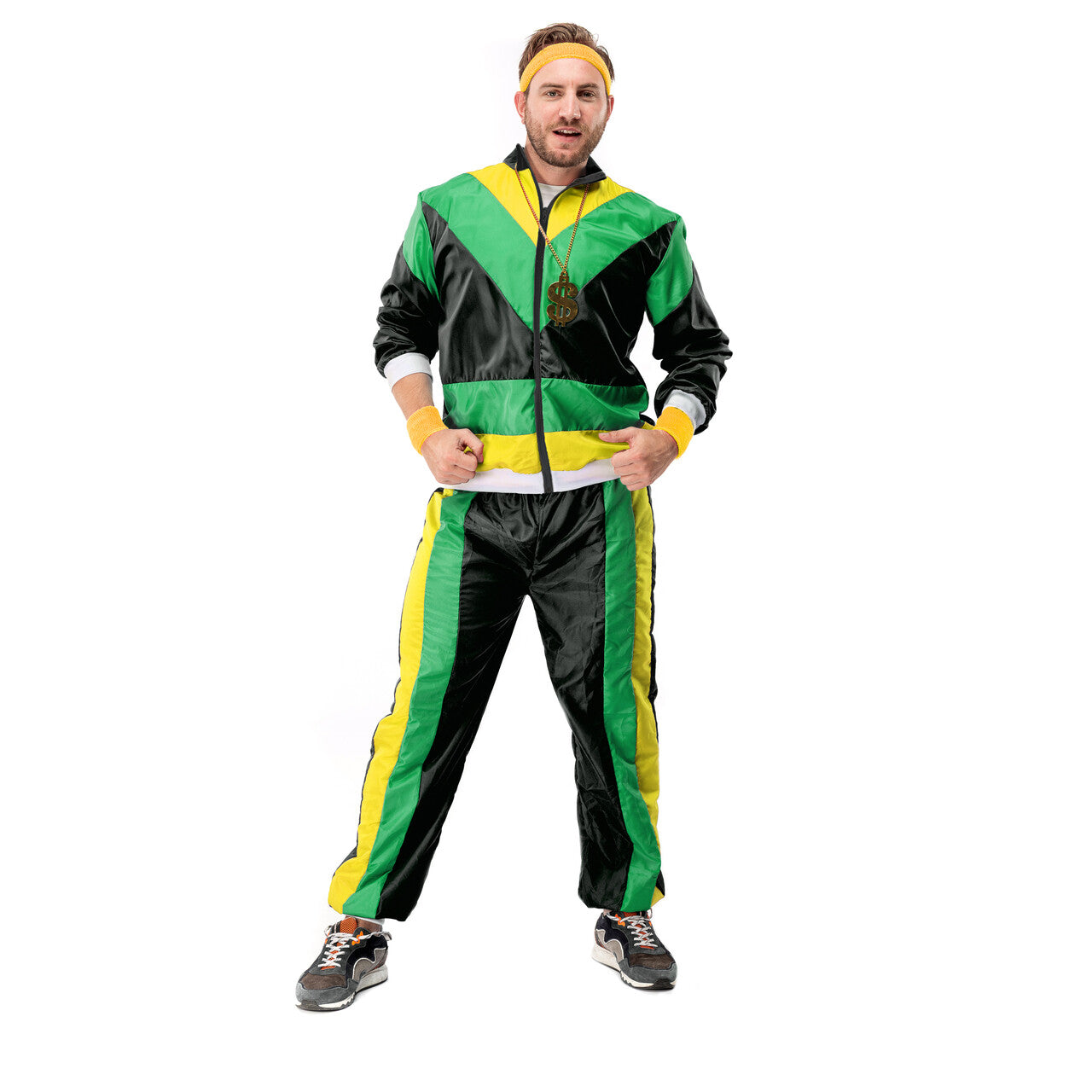 Op deze afbeelding zie je een Kostuums, van het merk Original Replicas. 80s Tracksuit Jamaican Jogger Man Kostuum